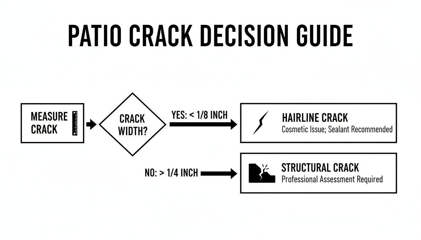 A patio crack decision guide flowchart helps assess crack width for hairline or structural issues.