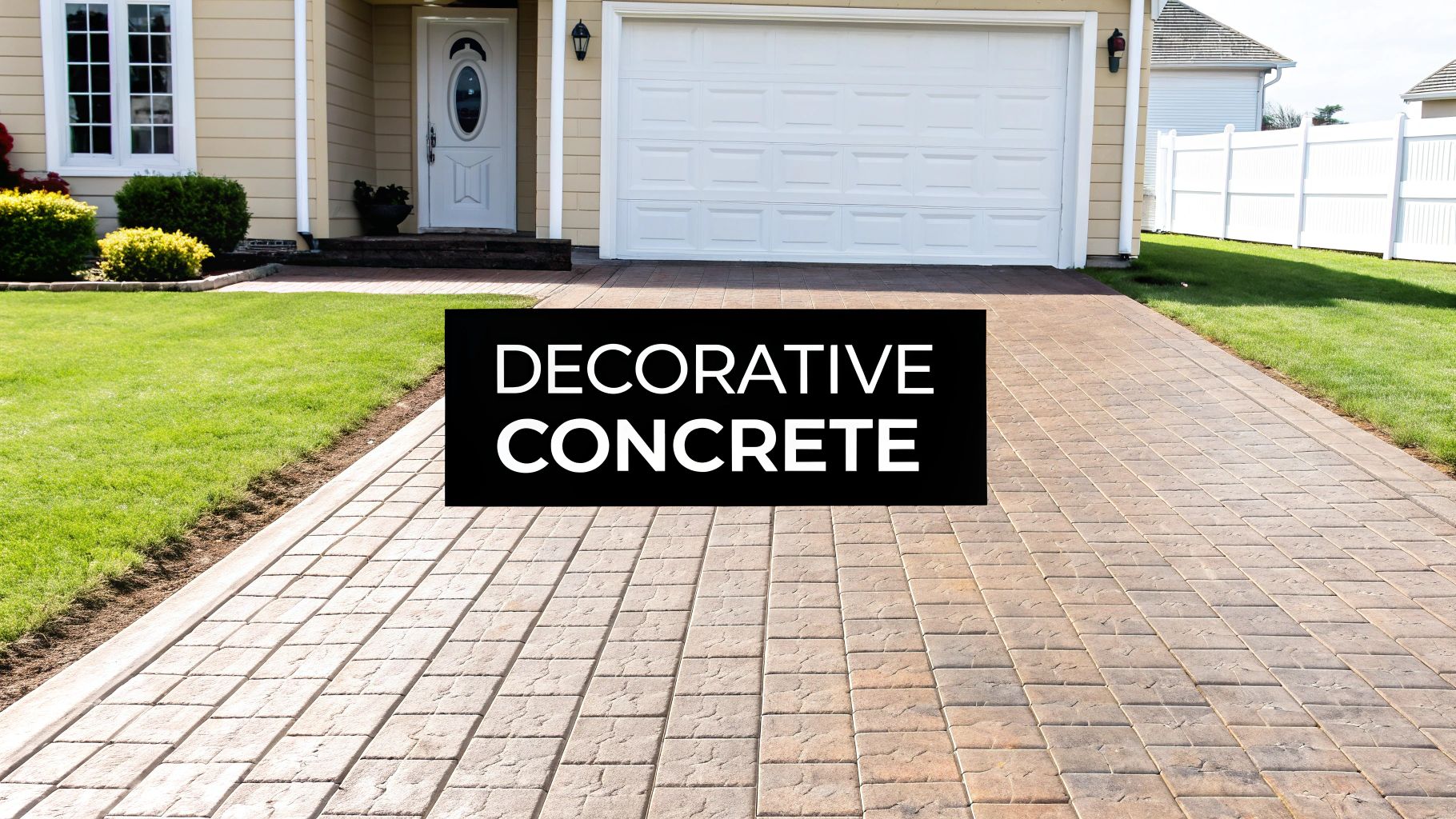 A well-maintained home featuring a decorative stamped concrete driveway and green lawn.