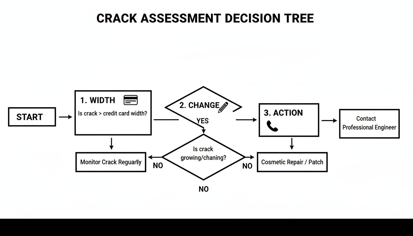 A flowchart for crack assessment guiding users through checking crack width, monitoring change, and deciding between cosmetic repair or contacting an engineer.