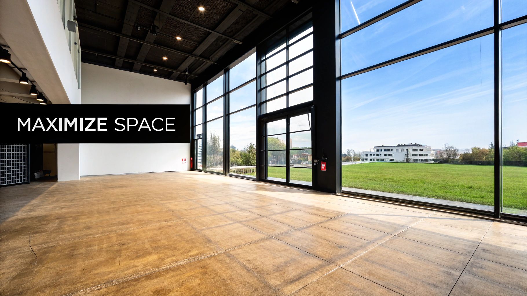 An empty, modern commercial space with a concrete floor and large windows overlooking a green field and buildings.