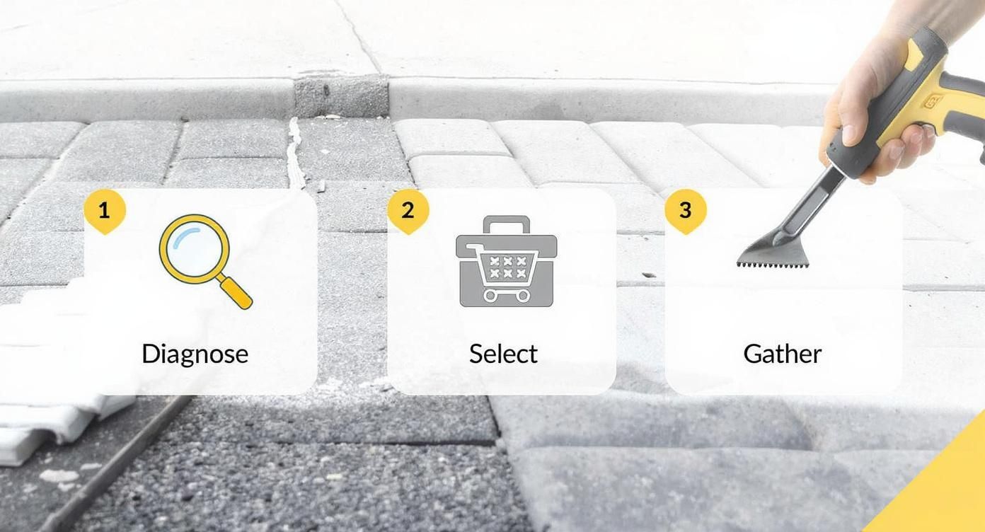 Three step concrete driveway repair process showing diagnose, select materials, and gather tools phases