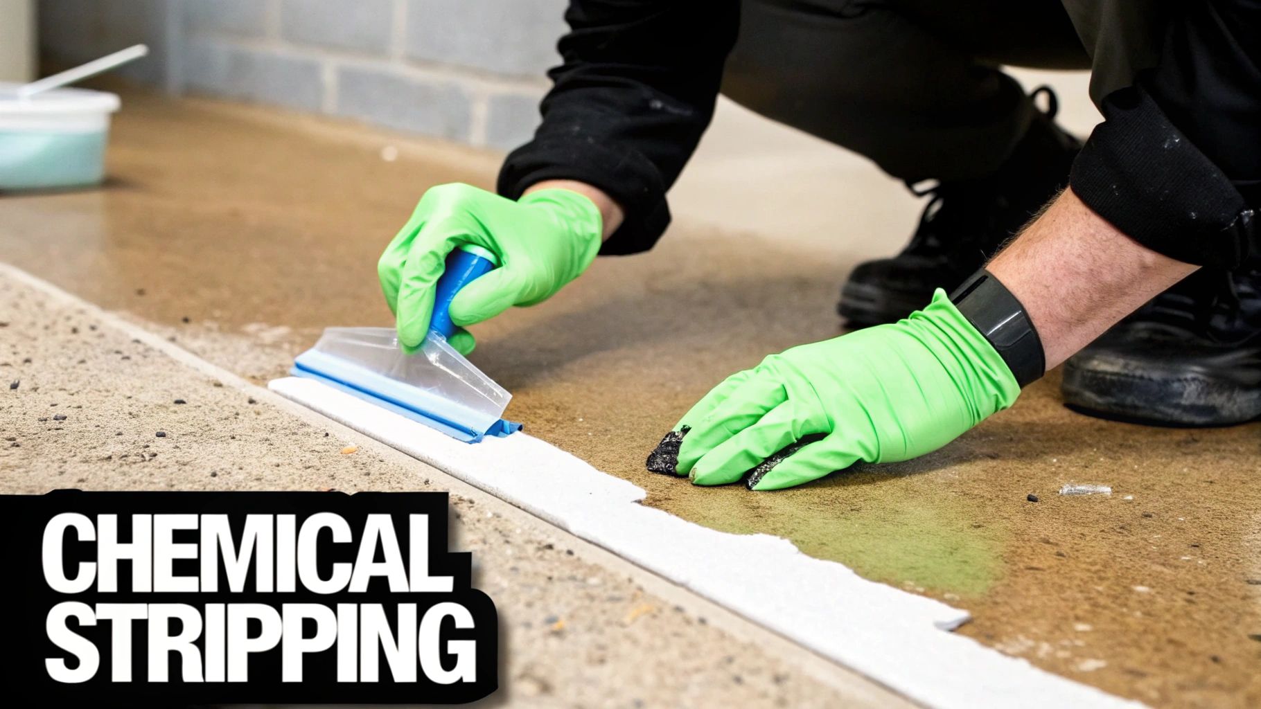 Person in green gloves applying chemical stripper to a concrete floor with a squeegee tool.