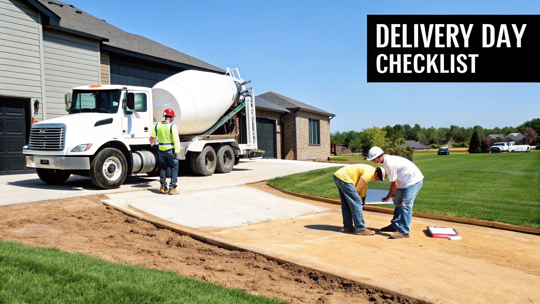 A concrete mixer truck delivers material to a home construction site where workers check plans for a new driveway.