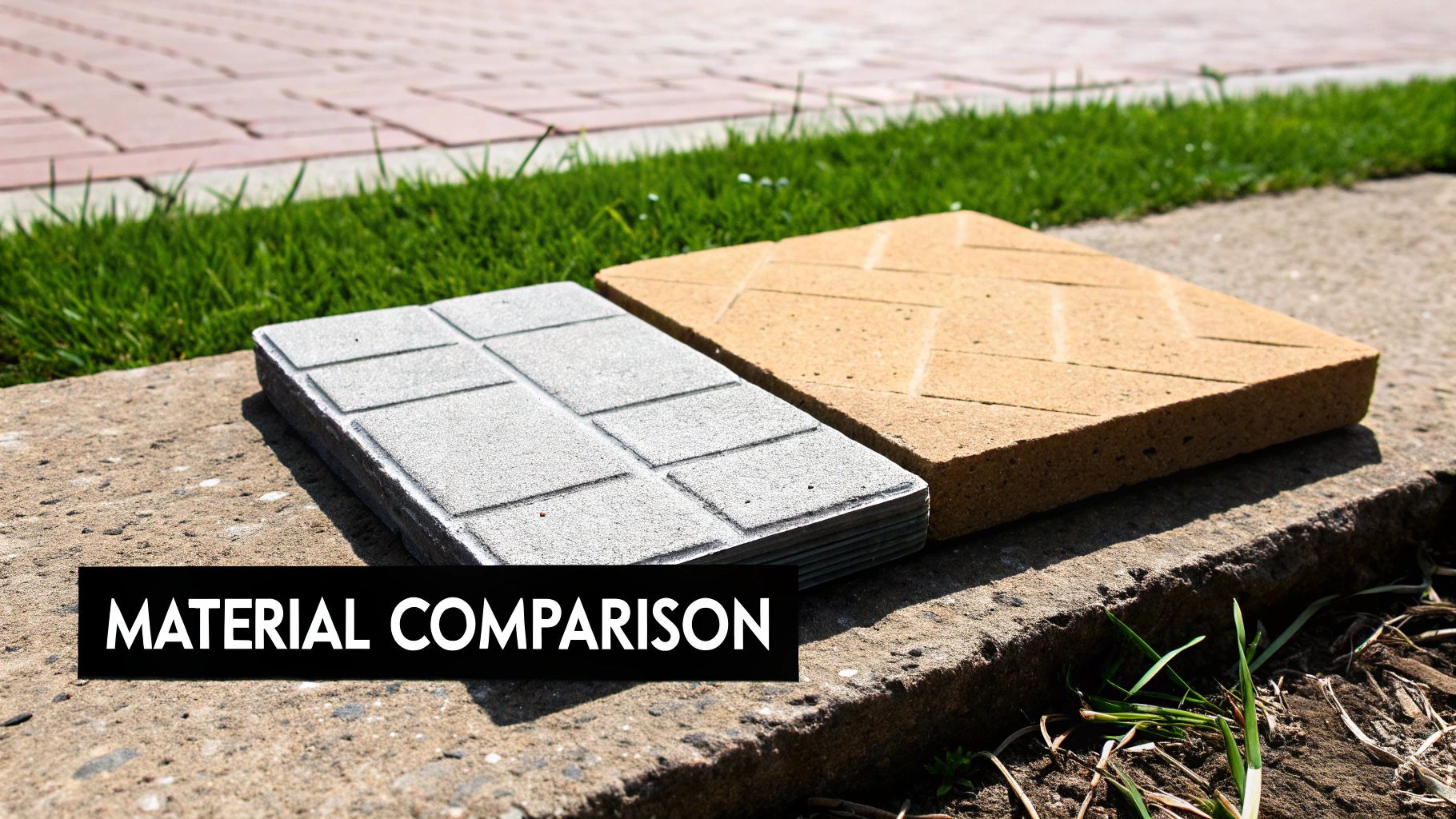 Two distinct paving stones, one grey grid and one beige chevron, on a concrete surface for material comparison.