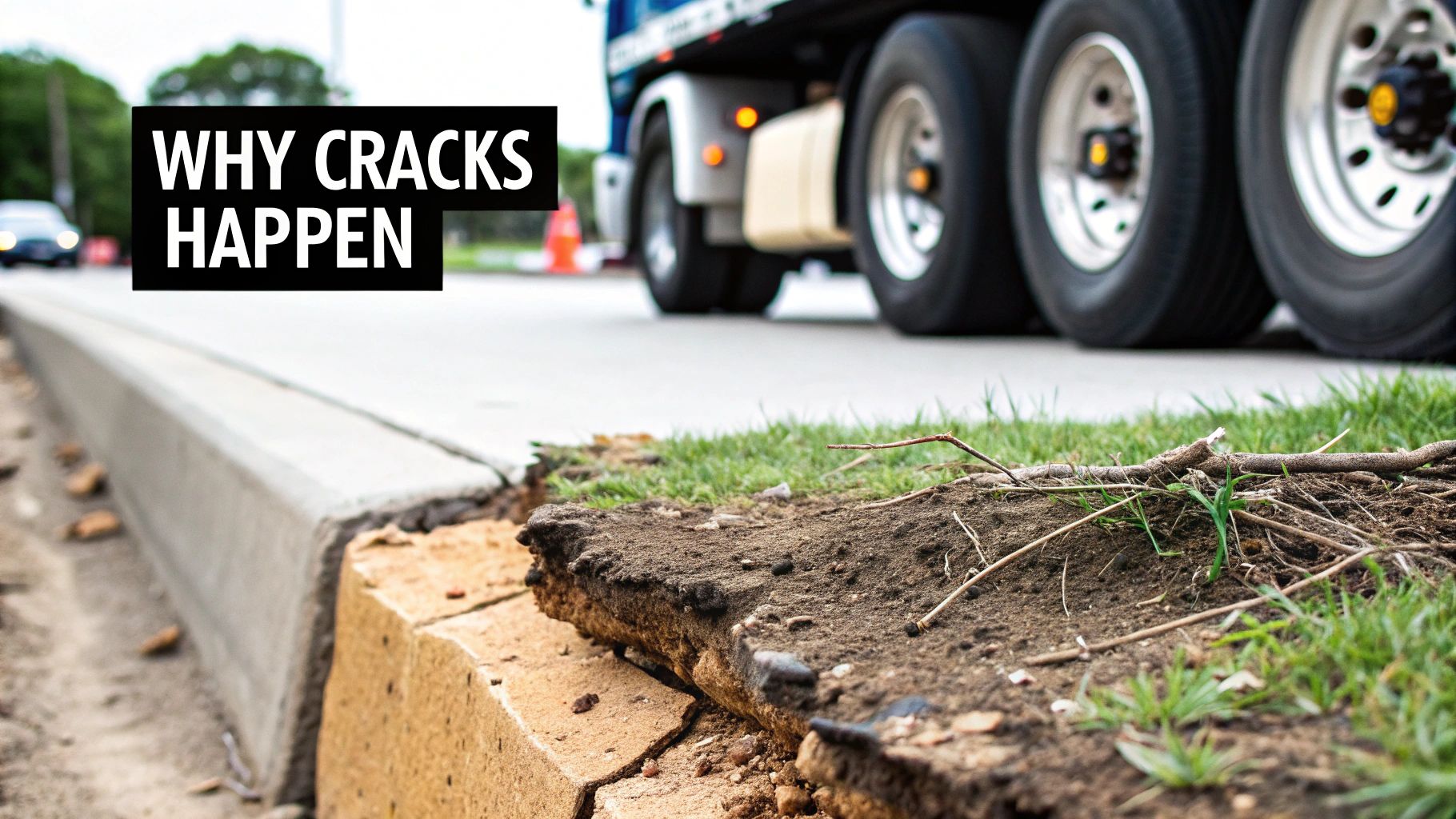 Cracked concrete curb and sidewalk next to a road with a semi-truck, demonstrating common pavement damage.