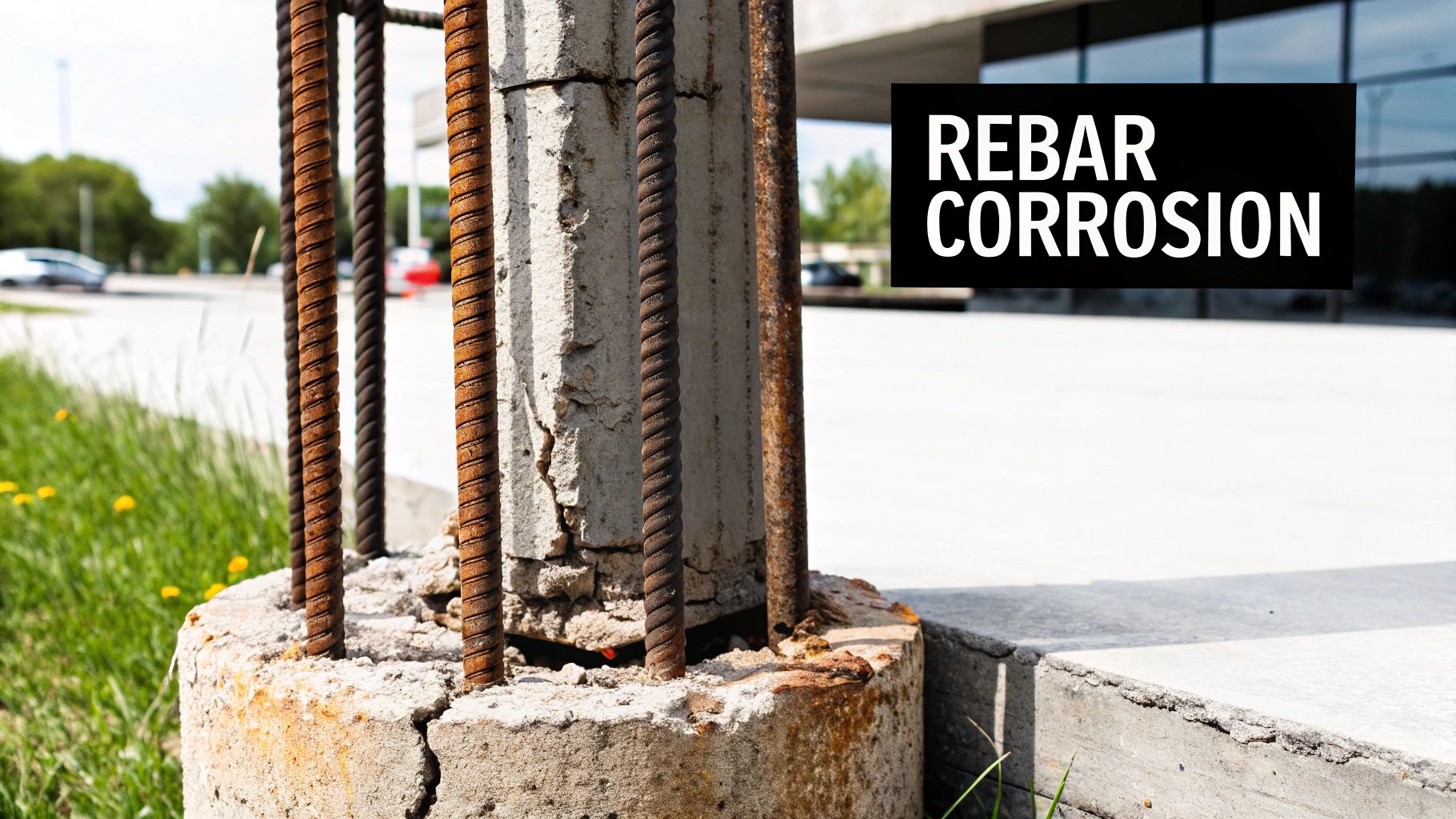 Corroded steel rebar exposed through spalled concrete on a structural column.
