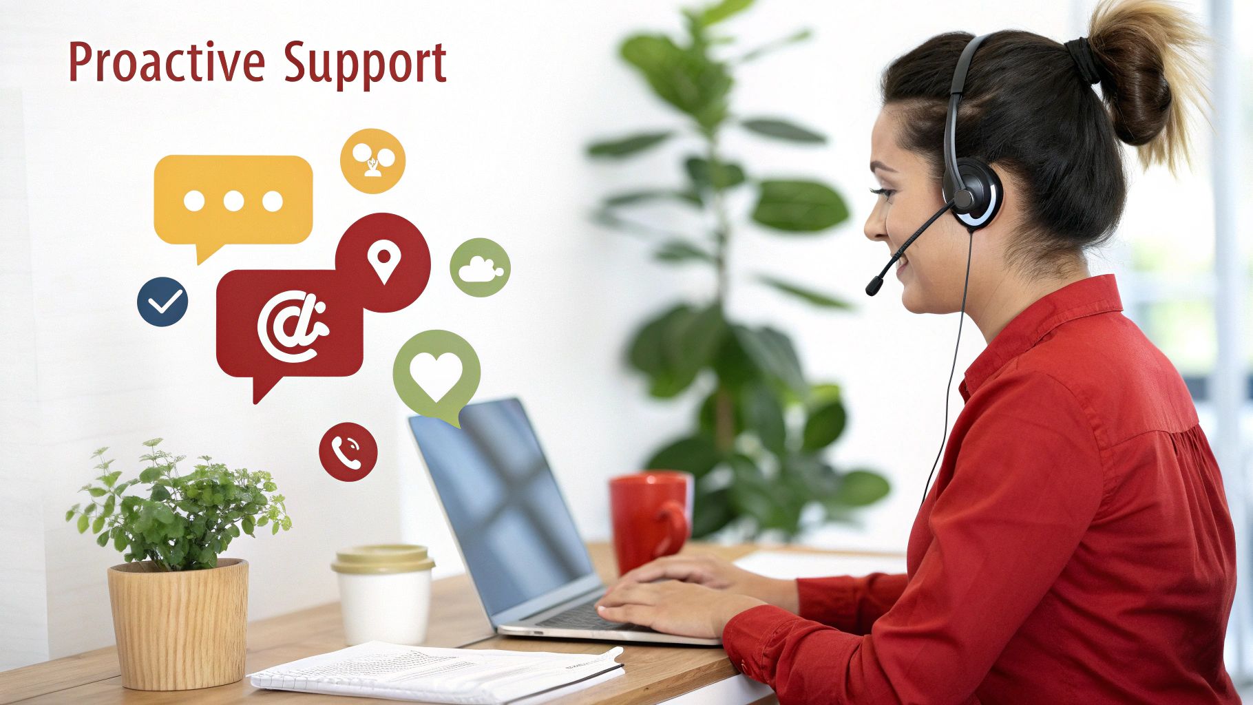 Graphic illustrating the concept of Proactive Customer Support with icons for monitoring and communication