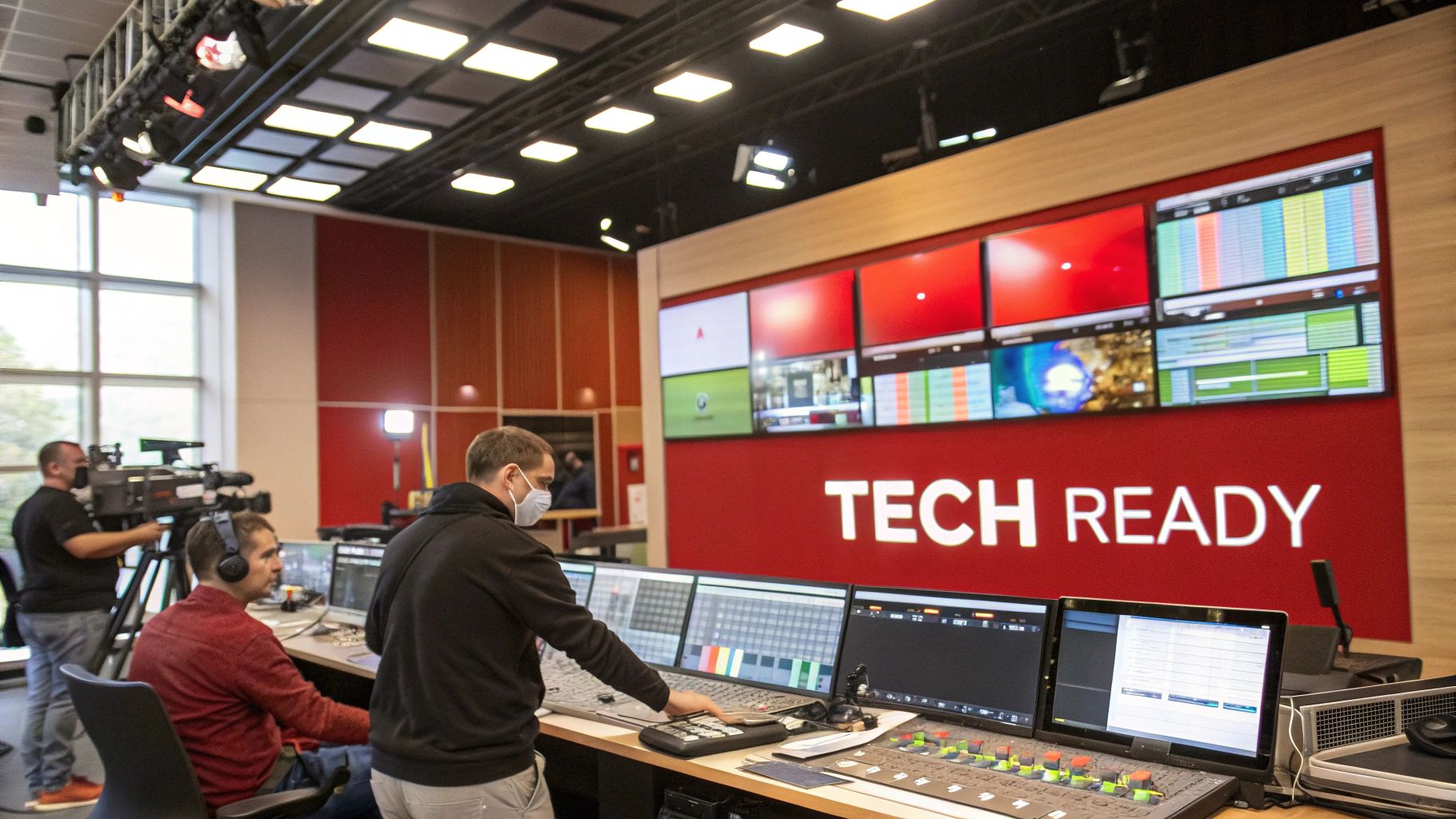 A professional audio-visual setup at a corporate event, showing a large screen, speakers, and lighting rig.