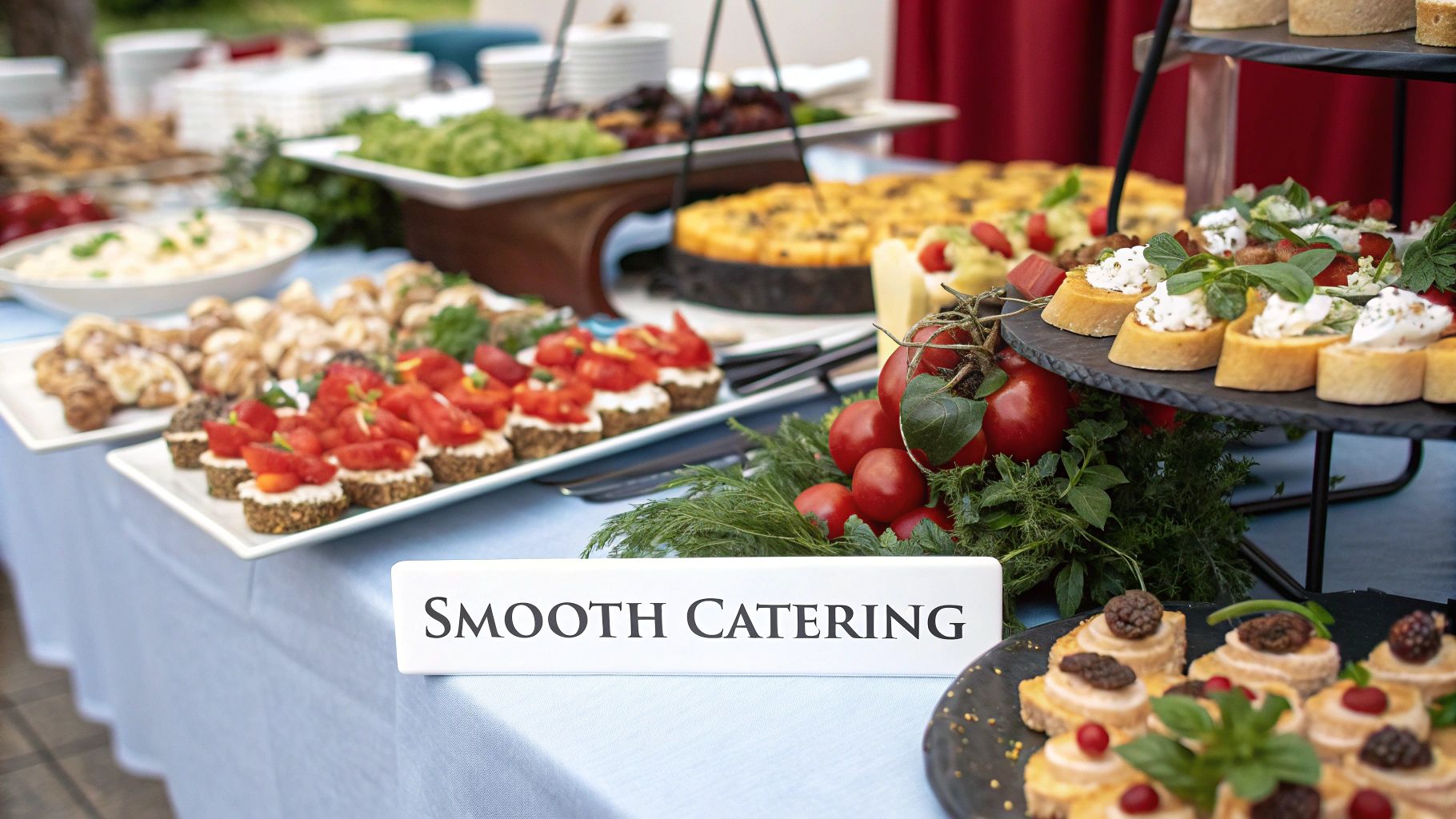Elegant catering setup at a corporate event with various food platters.