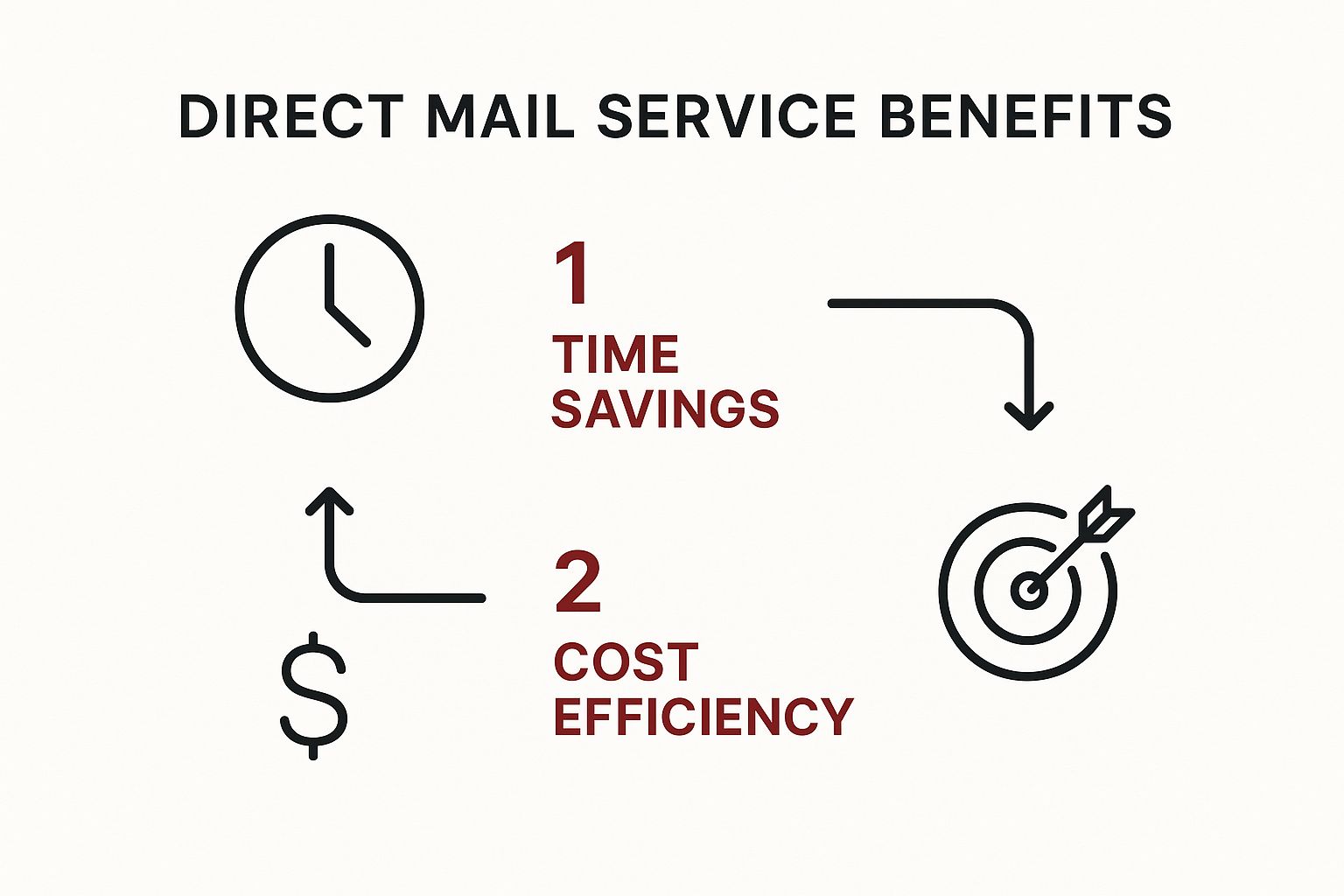 Infographic showing the three benefits of direct mail services: Time Savings, Cost Efficiency, and Targeted Reach.