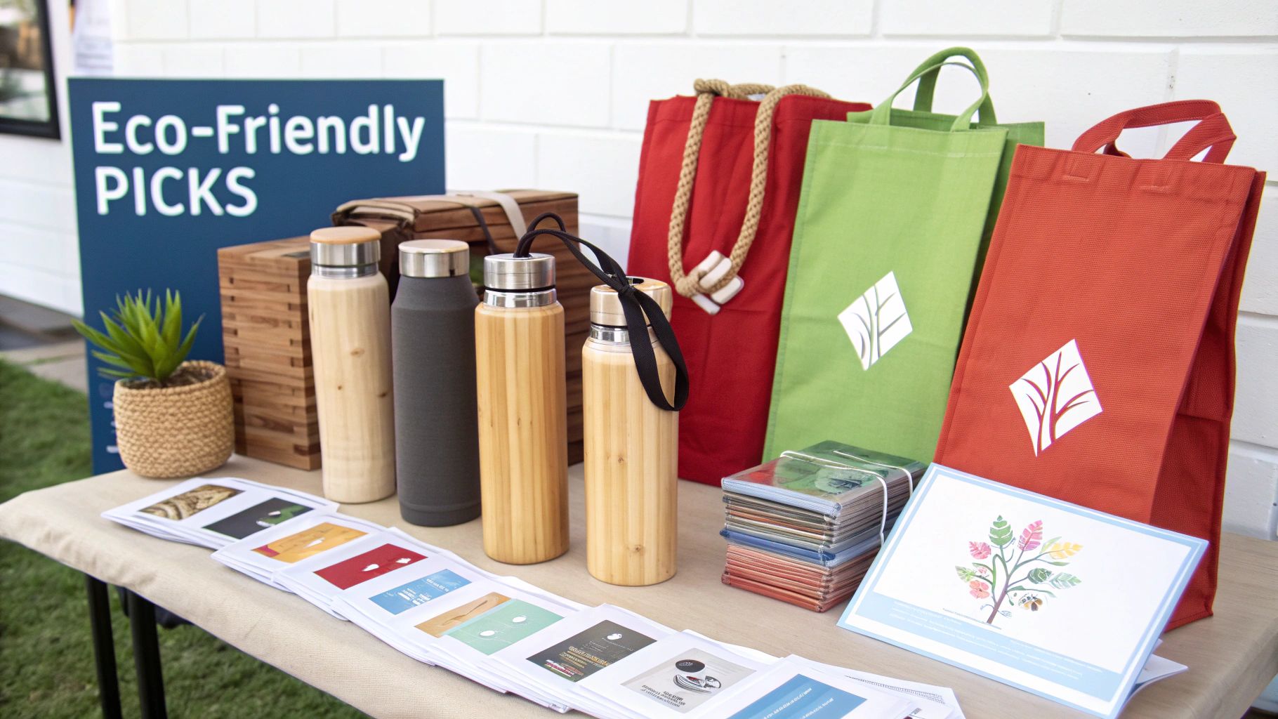 A collection of eco-friendly swag items including bamboo utensils, a reusable water bottle, and a tote bag, arranged neatly on a surface.