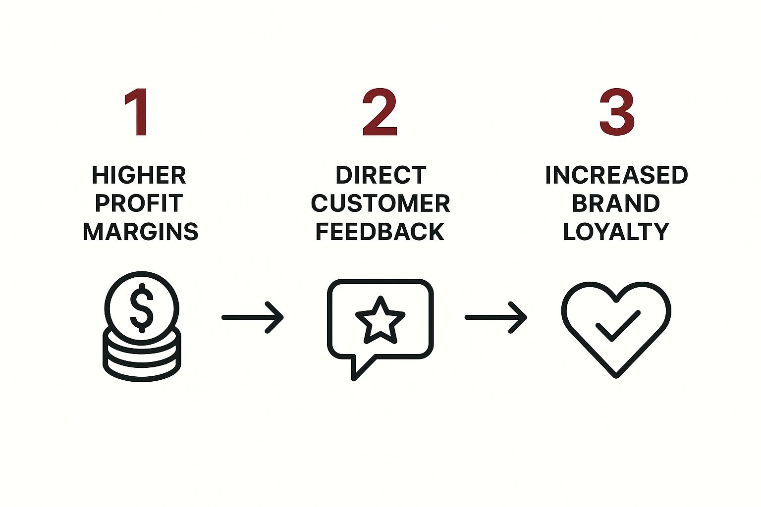 Infographic showing a process flow from Higher Profit Margins to Direct Customer Feedback, and then to Increased Brand Loyalty.