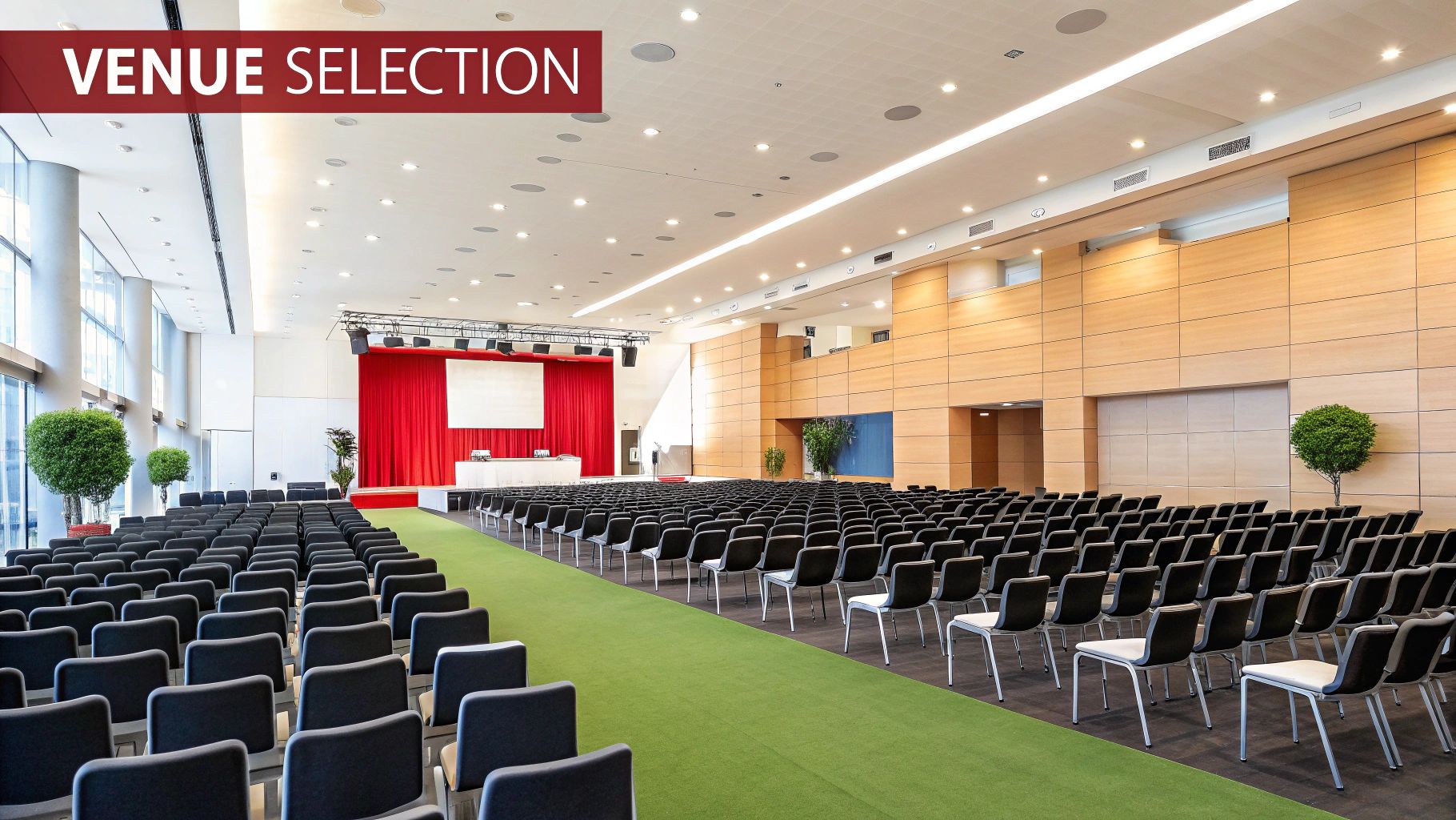 A large, modern conference hall set up with tables and chairs for a corporate event, showing ample space and professional lighting.