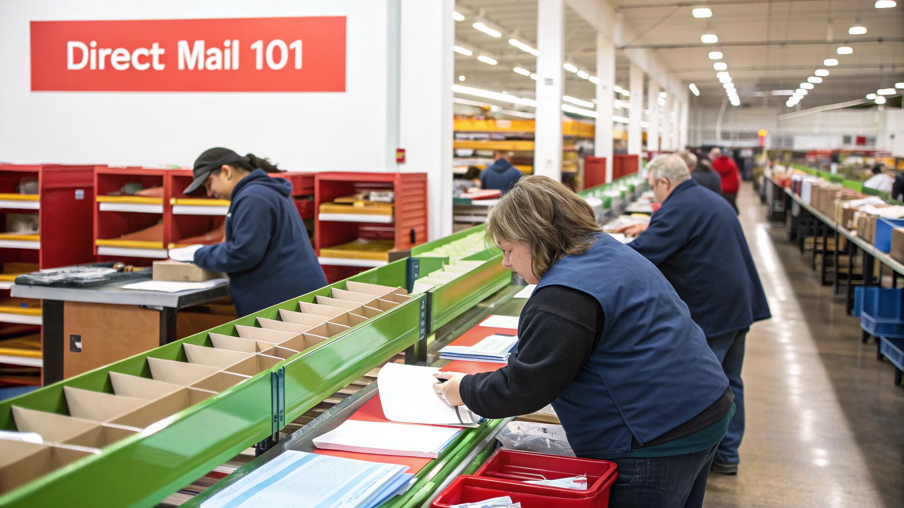 A team collaborating on a direct mail campaign with packages and mailers on a table.