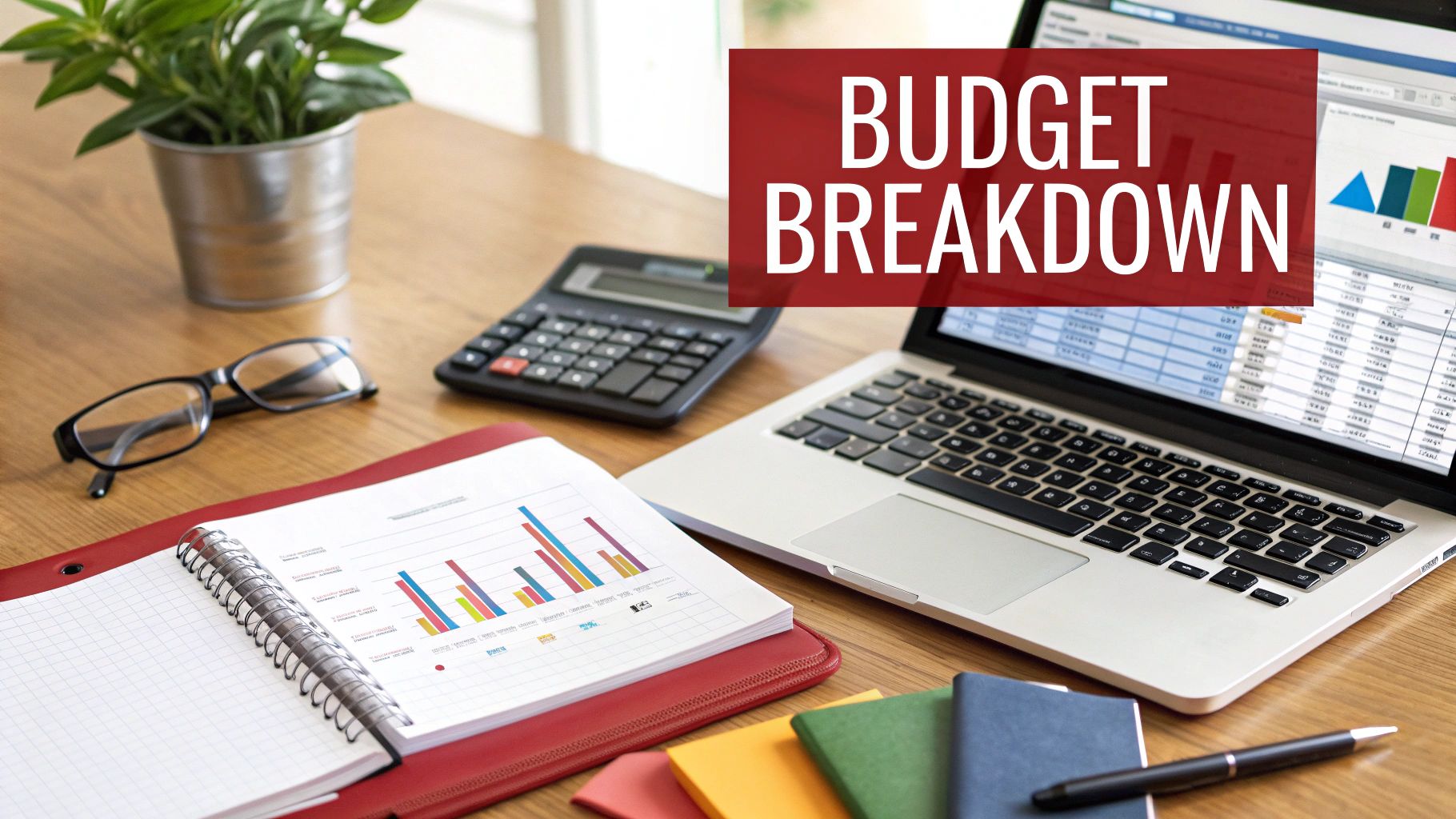 A detailed spreadsheet showing event budget categories like venue, catering, marketing, and speakers, with columns for estimated costs, actual costs, and variance.