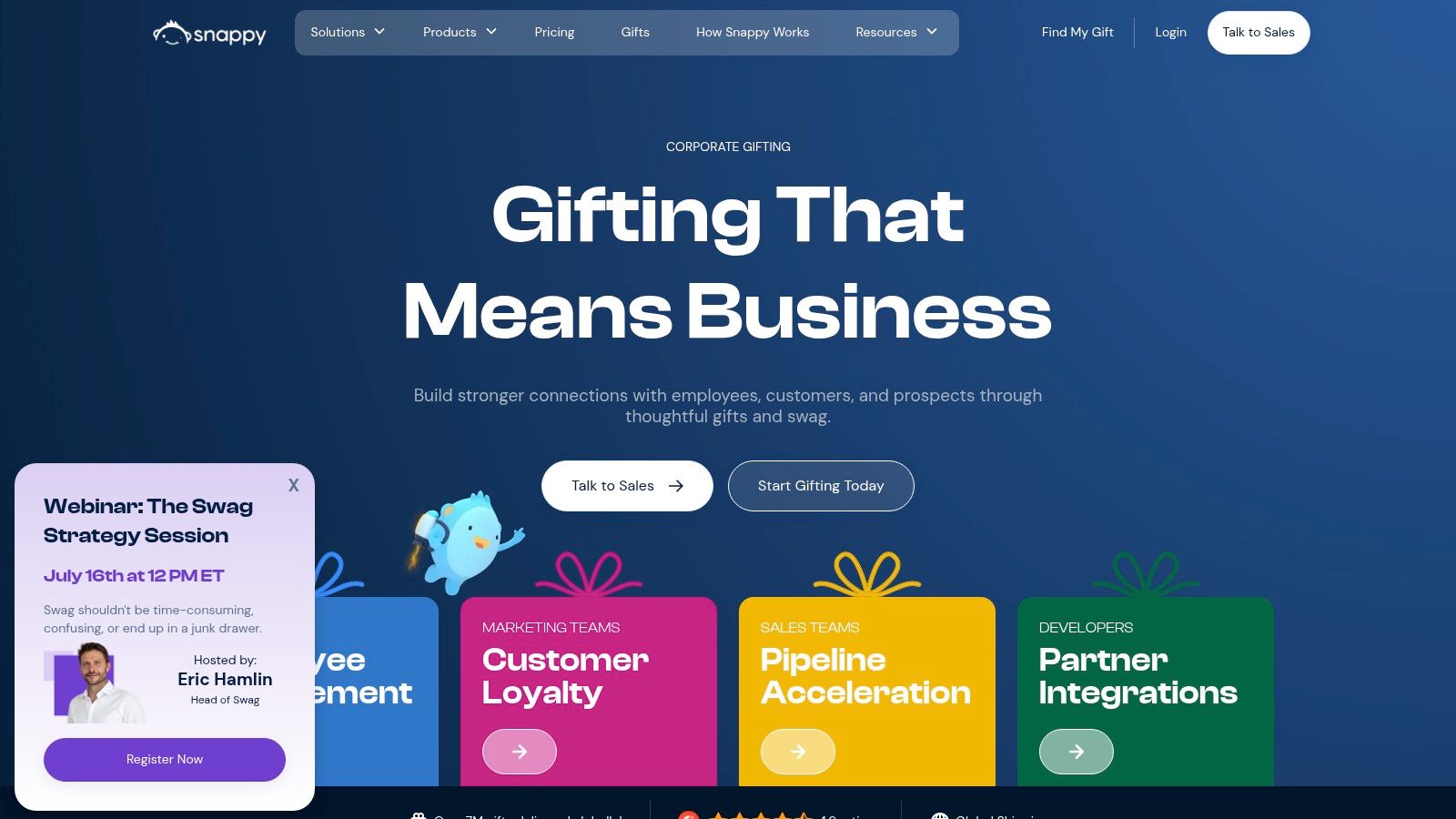 A screenshot of the Snappy Gifts website interface, showcasing the gift selection process.