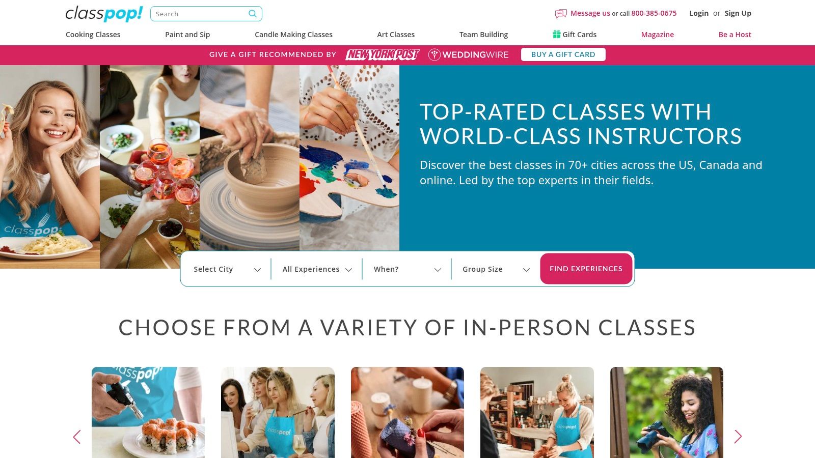 A screenshot of the Classpop! website, displaying a variety of engaging team-building classes and experiences.