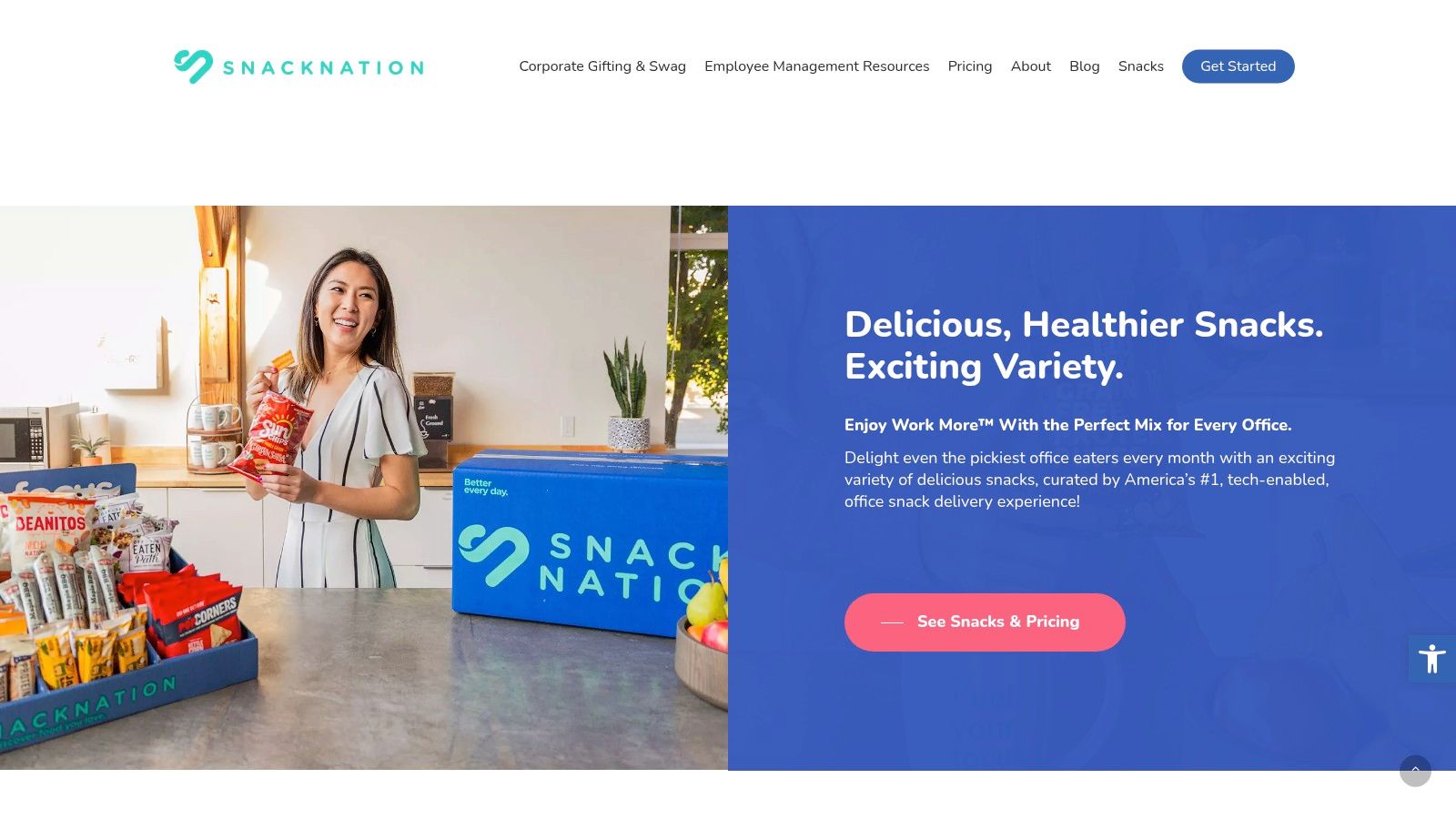 A screenshot of the SnackNation website, showing a variety of curated snack boxes for corporate gifting.