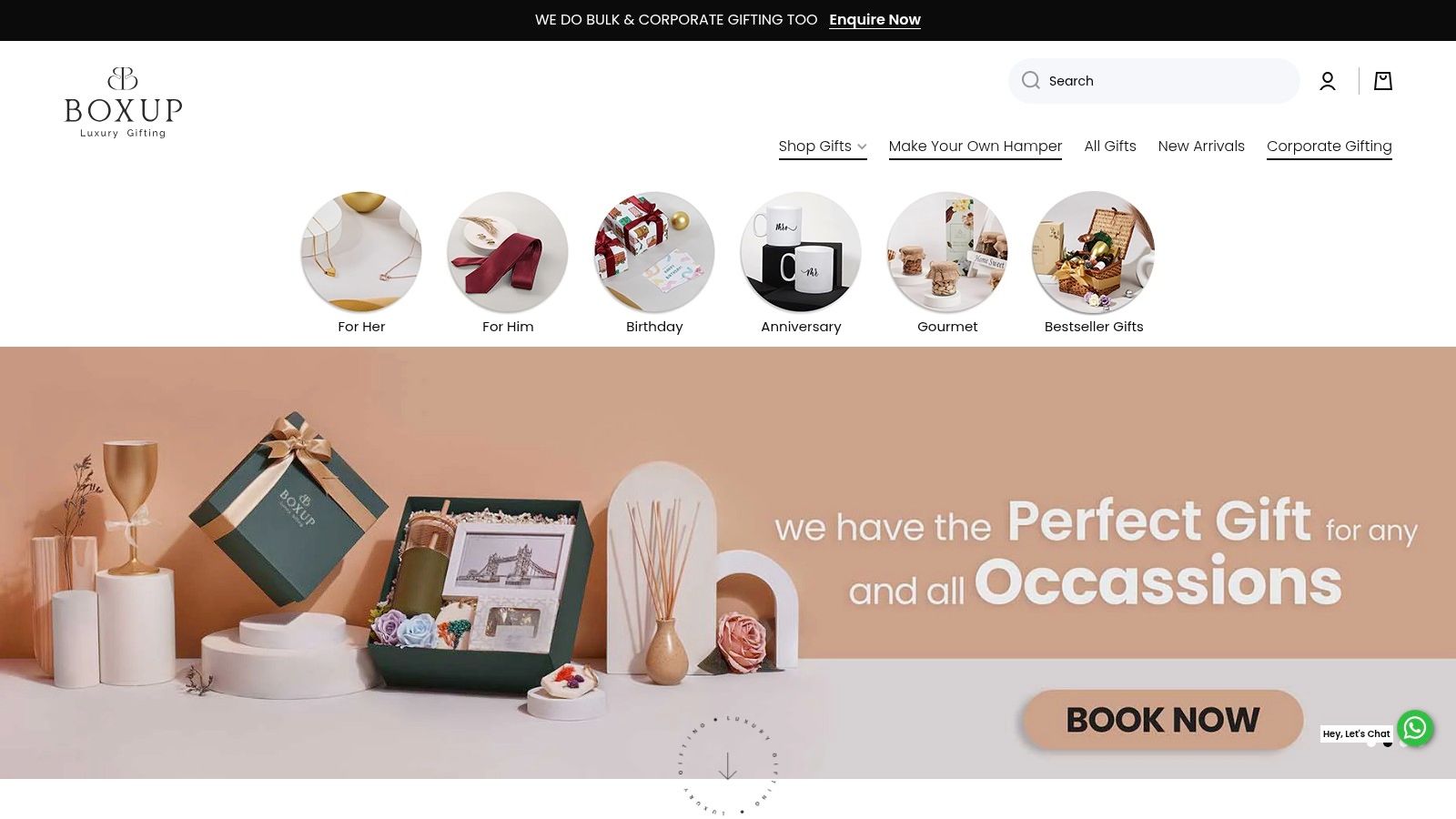 A screenshot of the BoxUp Gifting website, showcasing a variety of curated and branded corporate gift boxes.