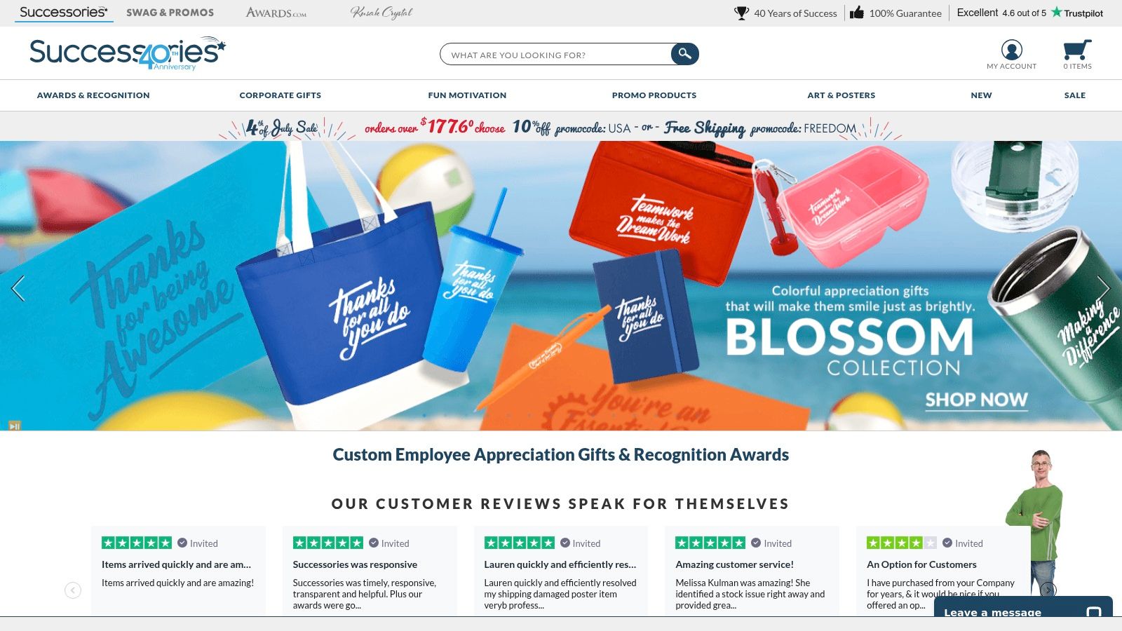 A screenshot of the Successories website homepage, showing various motivational and recognition awards.