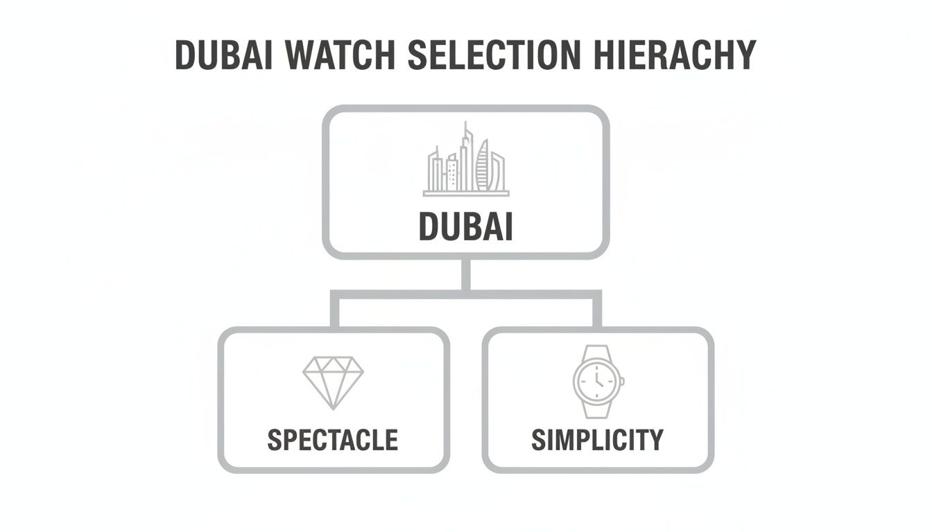 A hierarchy chart illustrating Dubai watch selection principles: spectacle and simplicity.