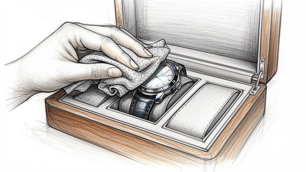A hand gently cleans a silver wristwatch with a soft cloth inside an open wooden watch box.