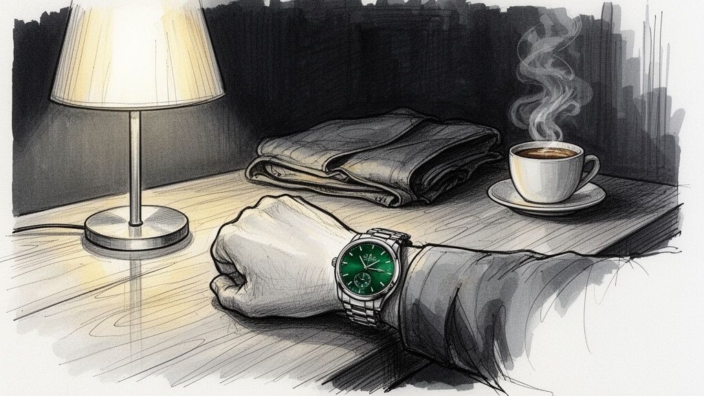 A man's arm with a striking green-dial watch, a lamp, clothes, and a steaming coffee cup on a wooden bedside table.