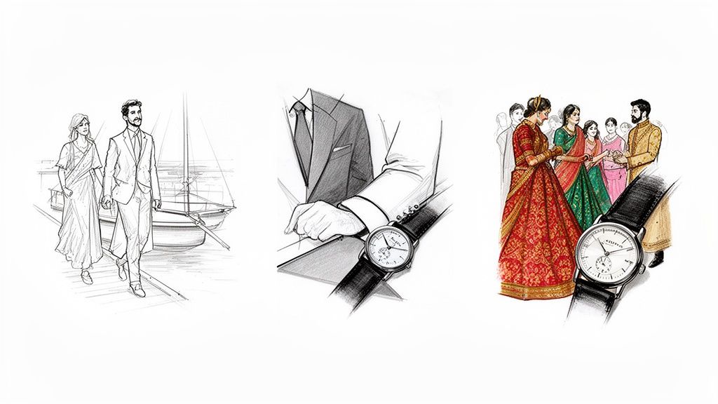 Three illustrations depict a couple walking, a man wearing a classic watch, and a cultural ceremony with a prominent watch.