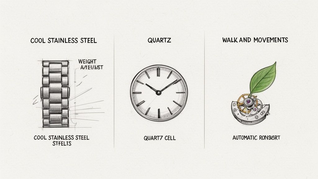 Sketches illustrating watch components: a stainless steel bracelet, a quartz watch face, and an automatic movement with a leaf.
