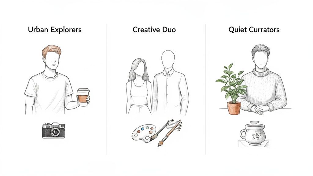Three illustrated lifestyle profiles: Urban Explorers, Creative Duo, and Quiet Curators with their associated items.