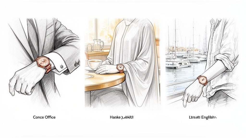 Three illustrations of people wearing rose gold watches in different settings: office, cafe, and marina.