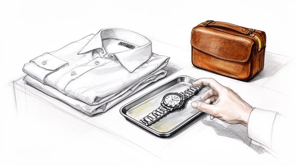 An illustration of a folded white shirt, a brown leather travel bag, and a hand reaching for a watch on a tray.