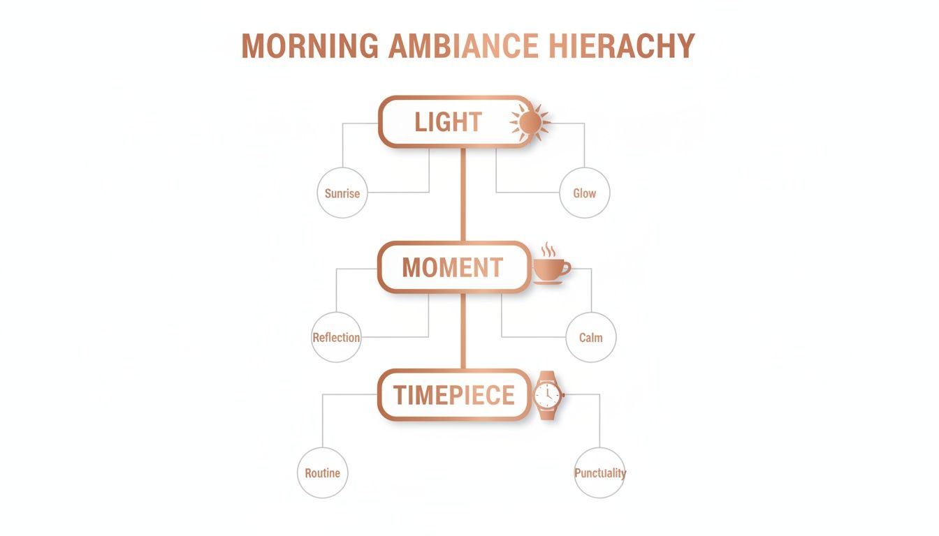 A hierarchical chart illustrating morning ambiance elements: light, moment, and timepiece with their associated sub-elements.