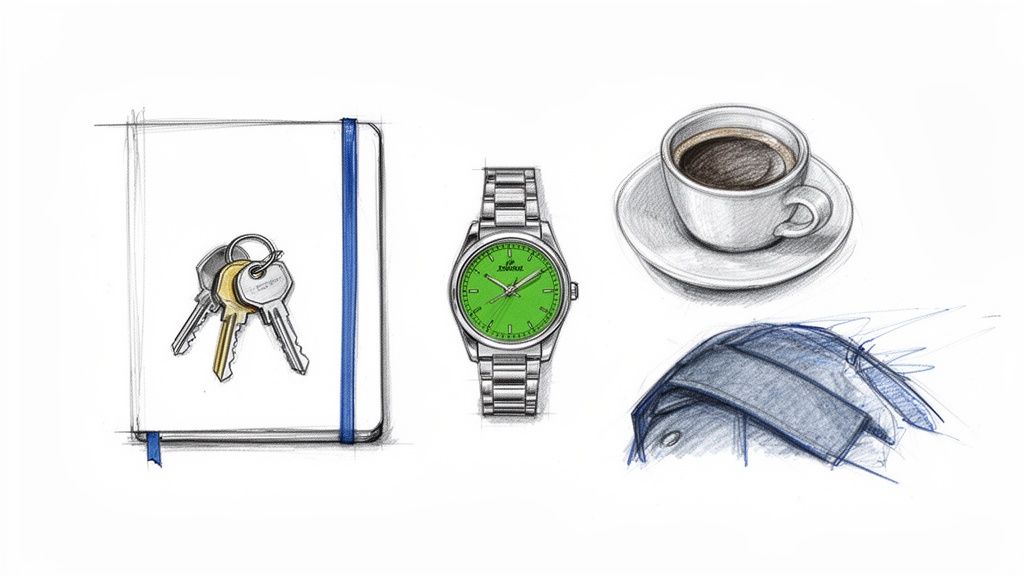 A detailed sketch showing daily essentials: a notebook, keys, a green watch, coffee, and a wallet.