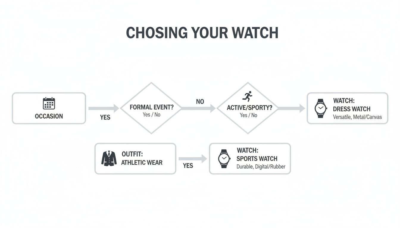 A flowchart guides watch selection, recommending dress watches for formal events and sports watches for active or athletic occasions.
