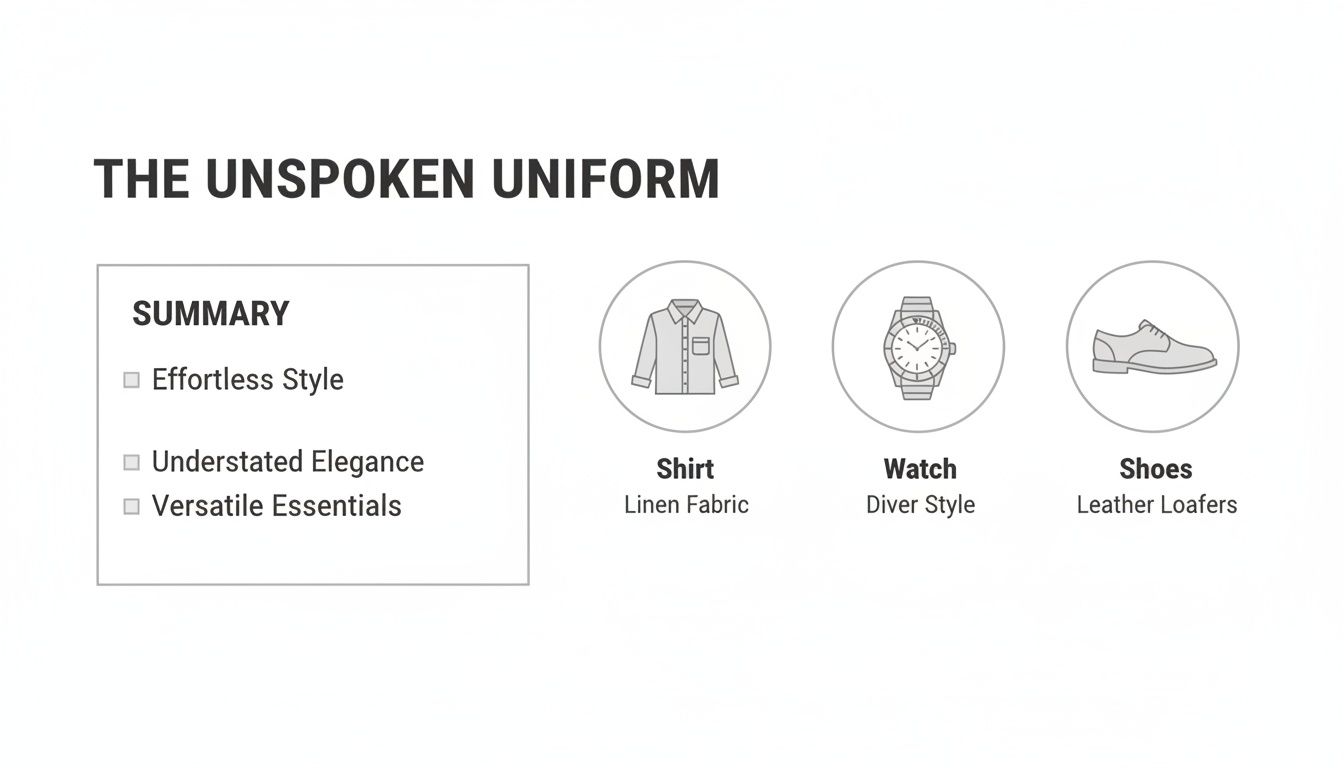An infographic detailing 'The Unspoken Uniform' with summary, linen shirt, diver style watch, and leather loafers.