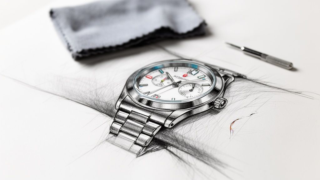 Real metal chronograph watch on a paper sketch, accompanied by a grey cloth and small tool.