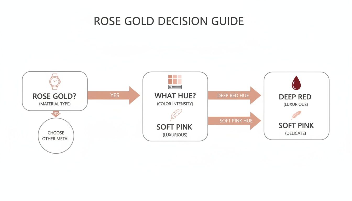 A rose gold decision guide flowchart illustrating choices for watch material and hue, leading to deep red or soft pink options.