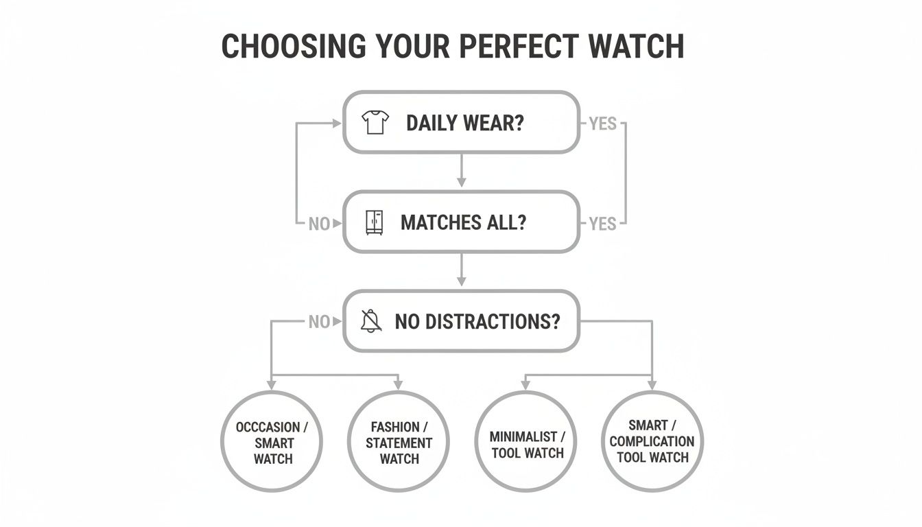 Flowchart titled 'Choosing Your Perfect Watch' guiding watch selection based on daily wear, matching, and distractions.