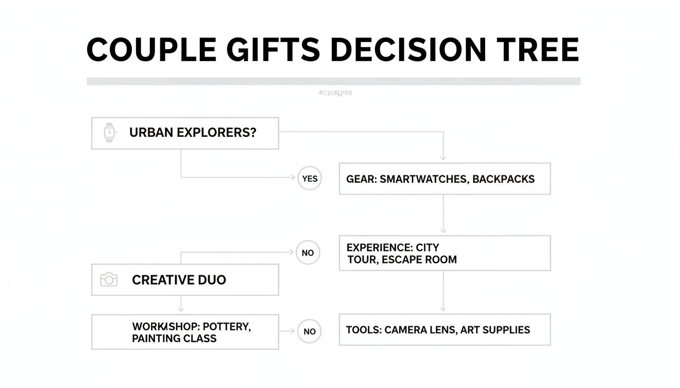 A decision tree flowchart showing gift ideas for couples based on interests like urban exploration and creativity.