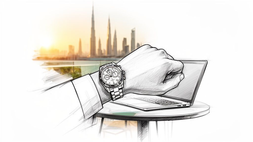 A person's hand with a luxury chronograph watch next to a laptop, with Dubai skyline at sunset.