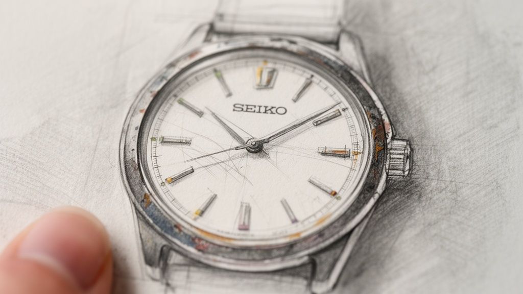 Detailed artistic pencil sketch of a classic Seiko watch face with subtle color accents and a human finger.
