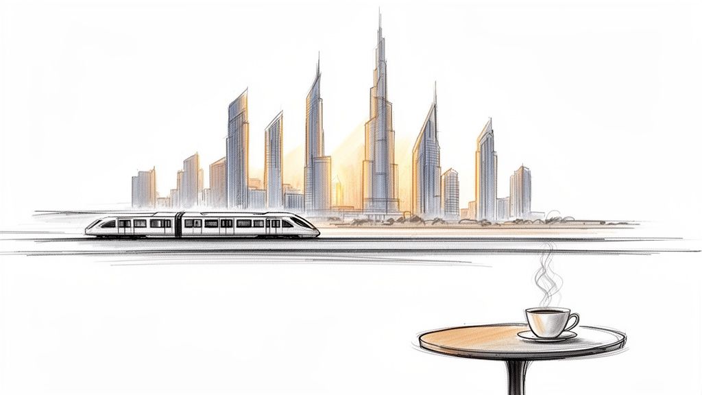 A hand-drawn sketch of a modern city skyline with a train and a steaming cup of coffee.