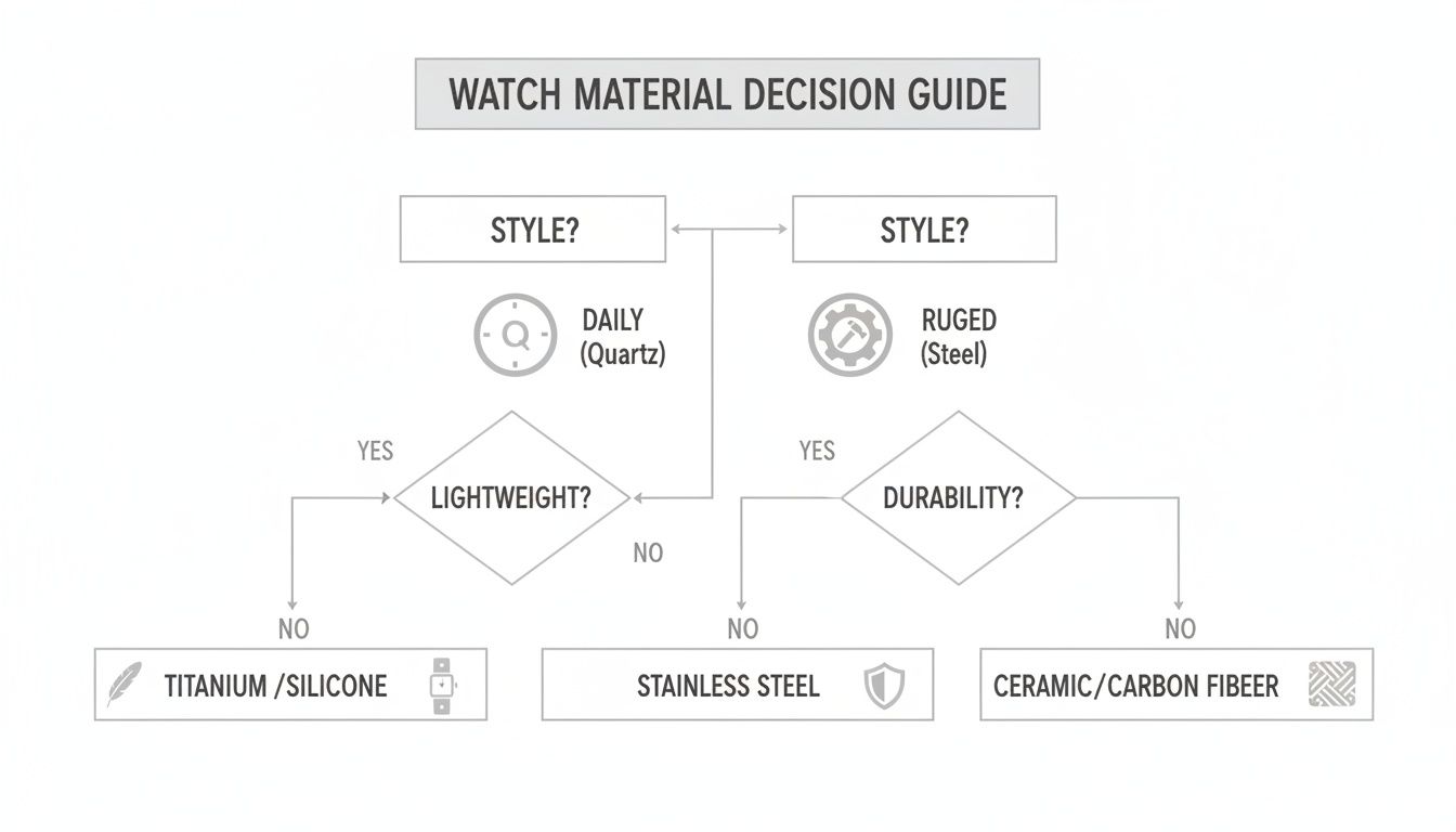 A flowchart titled 'Watch Material Decision Guide' showing material options based on style and preference.