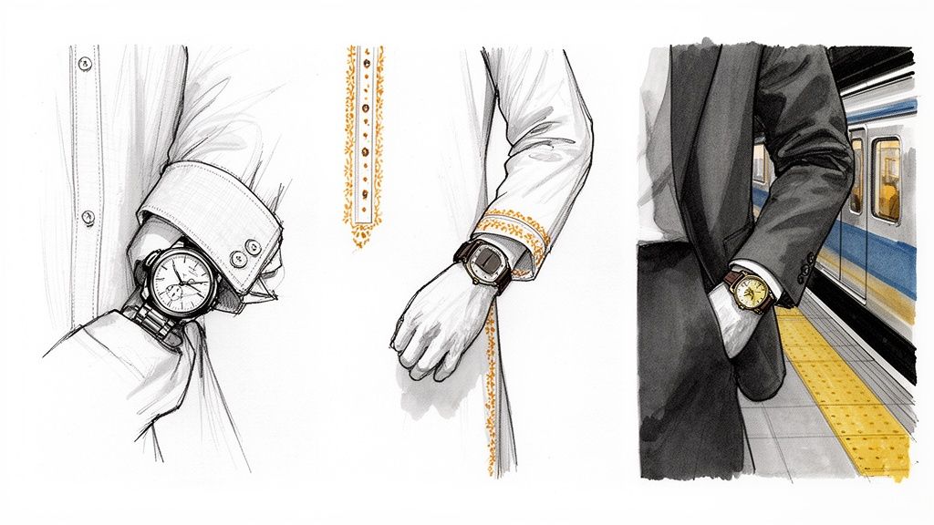 Illustrations of diverse watch styles: a classic metal, modern square, and formal leather timepiece.