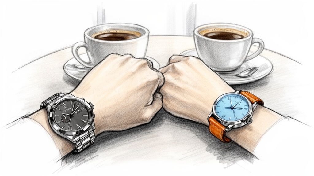 Two hands with wristwatches, a silver and a blue, fists lightly touching on a table with coffee cups.