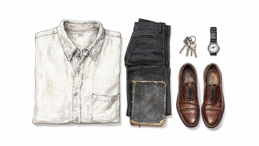 An illustration of men's everyday items: a white shirt, dark trousers, an old book, keys, a watch, and brown shoes.