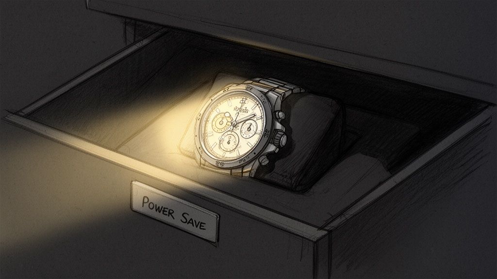 A hand-drawn illustration of a Casio solar watch glowing in a dark drawer with a 'Power Save' label.
