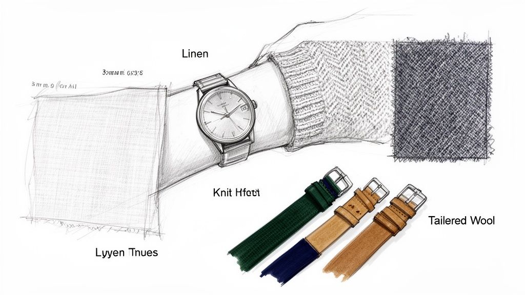 Hand-drawn sketch featuring a wrist watch, fabric samples, and different colored watch straps.