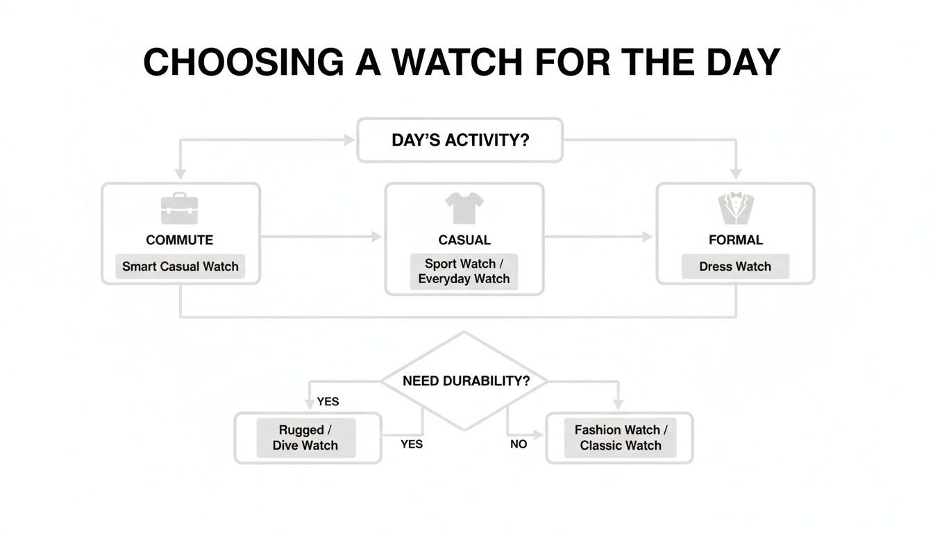 A flowchart diagram explaining how to choose a watch based on day's activity and durability.